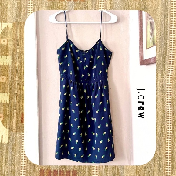 j.crew • navy blue pineapple 🍍 print spaghetti strap a-line mini dress - Picture 3 of 17